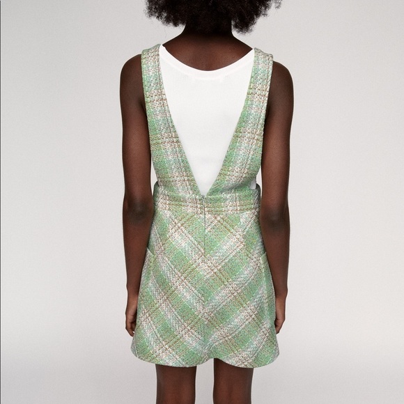 New Zara Textured Mini Dress XS Green White Overalls - Picture 7 of 9